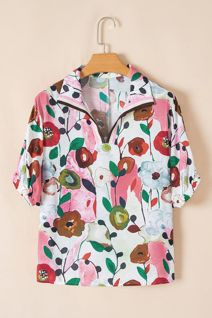 Pink Floral Print Slit V Neck Short Sleeve Blouse