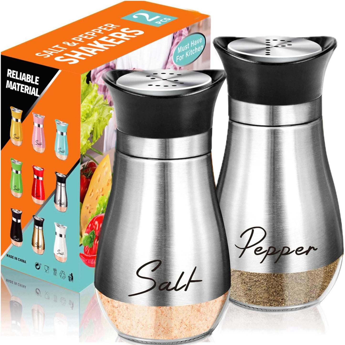 Salt and Pepper Shaker Set, 4oz Glass Bottom Salt and Pepper Shaker, Suitable for Kitchen, Dining Table, RV, Camping, BBQ, Refillable Design (Pink)