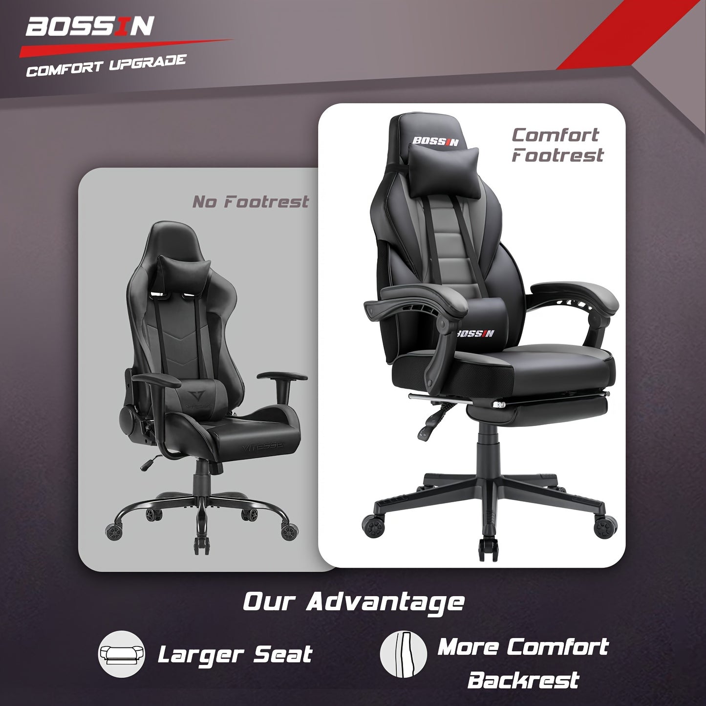 BOSSIN Gaming Chair With Massage, PU Leather Computer Desk Chair With Footrest And Headrest, Ergonomic Heavy Duty Design, Large Size High-Back E-Sports - For Gamers - Suitable for Long Hours of Gaming - Perfect Gift for Gamer