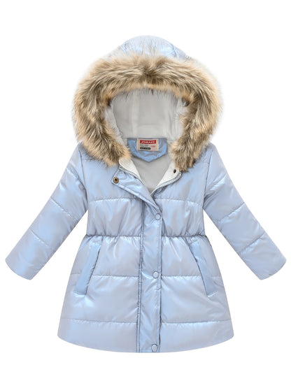 Winterjacke für Kinder im neuen Stil: Dicke, glänzende Kapuzenjacke für Jungen und Mädchen, mittellang