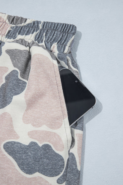 Multicolour Camouflage Patchwork Colorblock 2pcs Long Sleeve Top and Shorts Set
