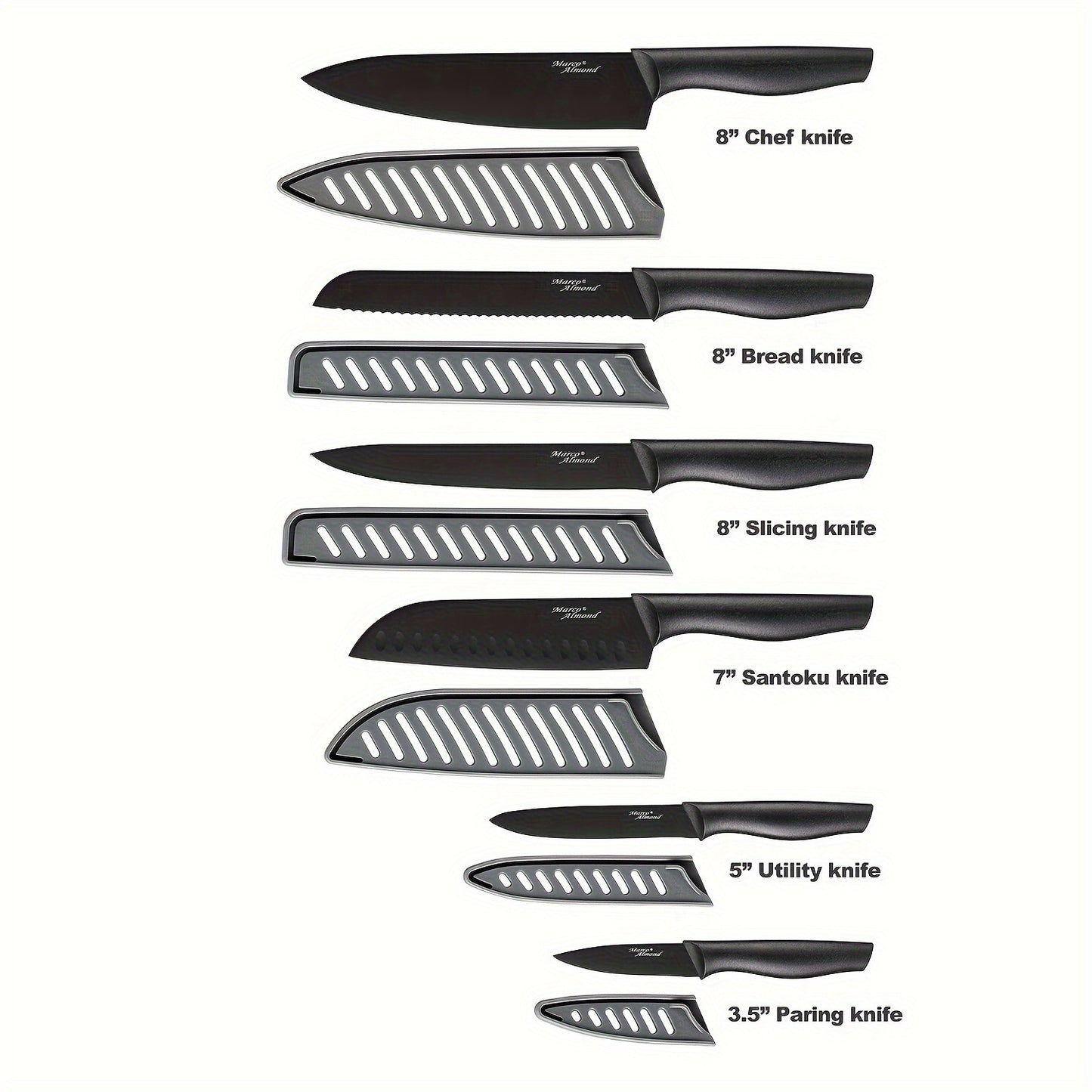 6pcs/set, TEA38 Non-Stick Coated High Carbon Stainless Steel Black Kitchen Knives Set With Sheath, Dishwasher Safe