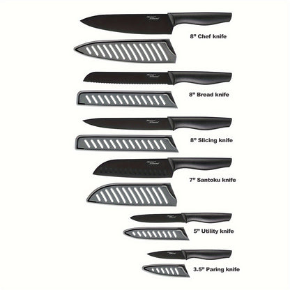 6pcs/set, TEA38 Non-Stick Coated High Carbon Stainless Steel Black Kitchen Knives Set With Sheath, Dishwasher Safe
