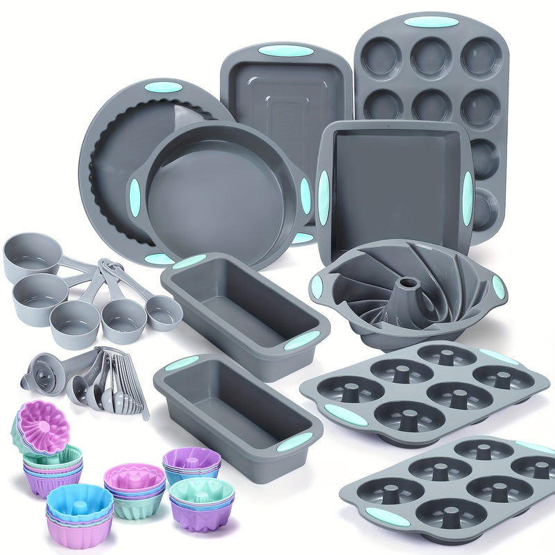 51/46 Pieces Silicone Bakeware Set, Non-Stick Kitchen Oven Baking Pans, Silicone Cake Molds with Muffin Pan, Cookies Baking Sheet, Cake Pan, Donut Pan and Loaf Pan  with 24 Pack Silicone Baking Cups, 17pcs Measuring Cups and