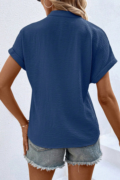 Sail Blue Notched Neck Batwing Sleeve Lightweight Blouse