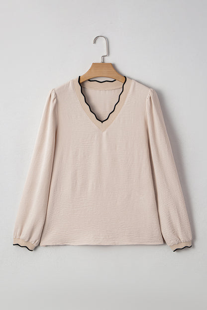 Jet Stream Contrast Scallop Trim V Neck Long Sleeve Blouse