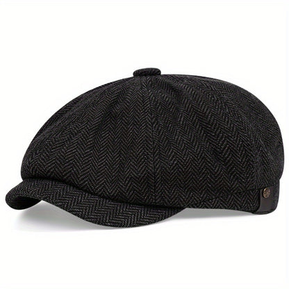 Retro-Schiebermütze im Fischgrätmuster für Herren – Schwarze, lässige Baskenmütze im Vintage-Stil, aus gestricktem Polyester, perfekt für Valentinstag und als Alltagsmütze | Vintage-Schiebermütze | Strickstruktur