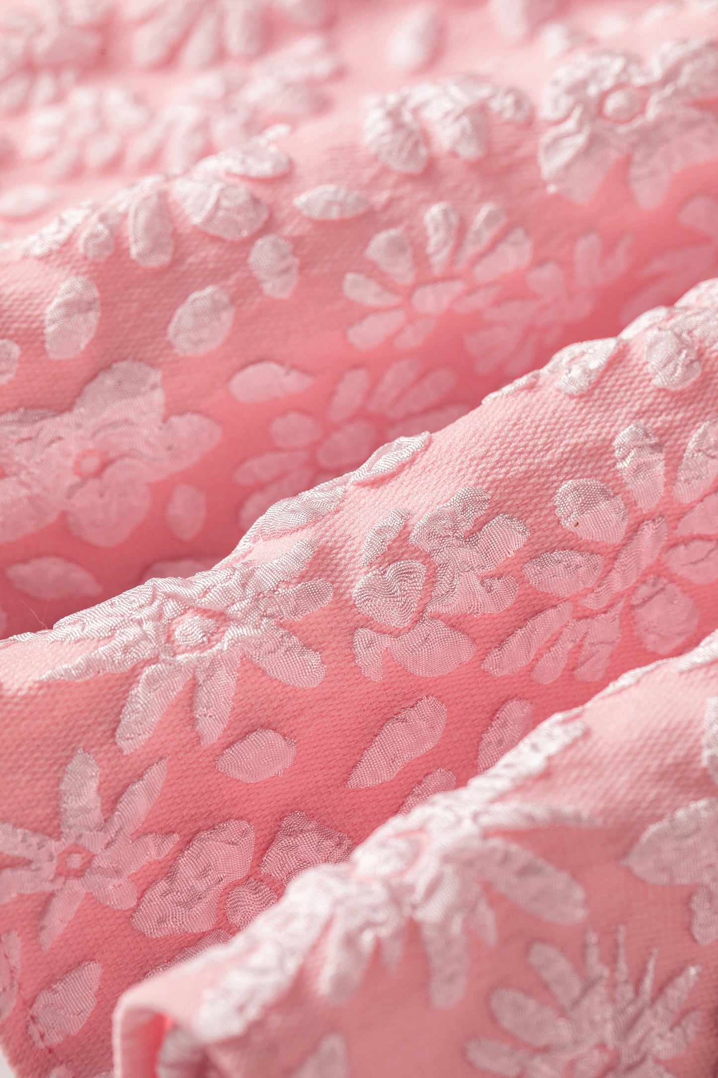 Apricot Pink Floral Textured Jacquard Puff Sleeve Blouse