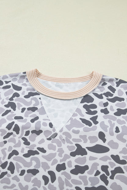 Gray Camouflage Print Twisted Ribbed Patchwork Casual T Shirt
