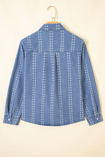Myosotis Floral Print Button-Down Long Sleeve Denim Shirt