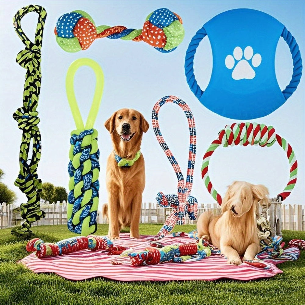 9pcs DOG LEASH TOY SET - Wear-resistant and bite-resistant pet toys - Suitable for small and medium-sized dogs - Machine washable and safe High-Quality material - Includes teething leash, tensile ring, interactive toys