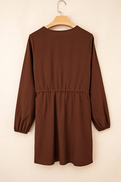 Burgundy Floral Embroidered Tassel Tie Waist Long Sleeve Mini Dress