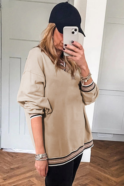 Parchment Varsity Contrast Striped Trim V Neck Sweatshirt
