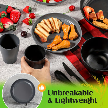 64pcs/set Wheat Straw Unbreakable Dinnerware Set - Durable, Reusable, Dishwasher Safe Tableware for Indoor/Outdoor Use - Includes Plates, Bowls, Mugs, Cutlery in Beige Color
