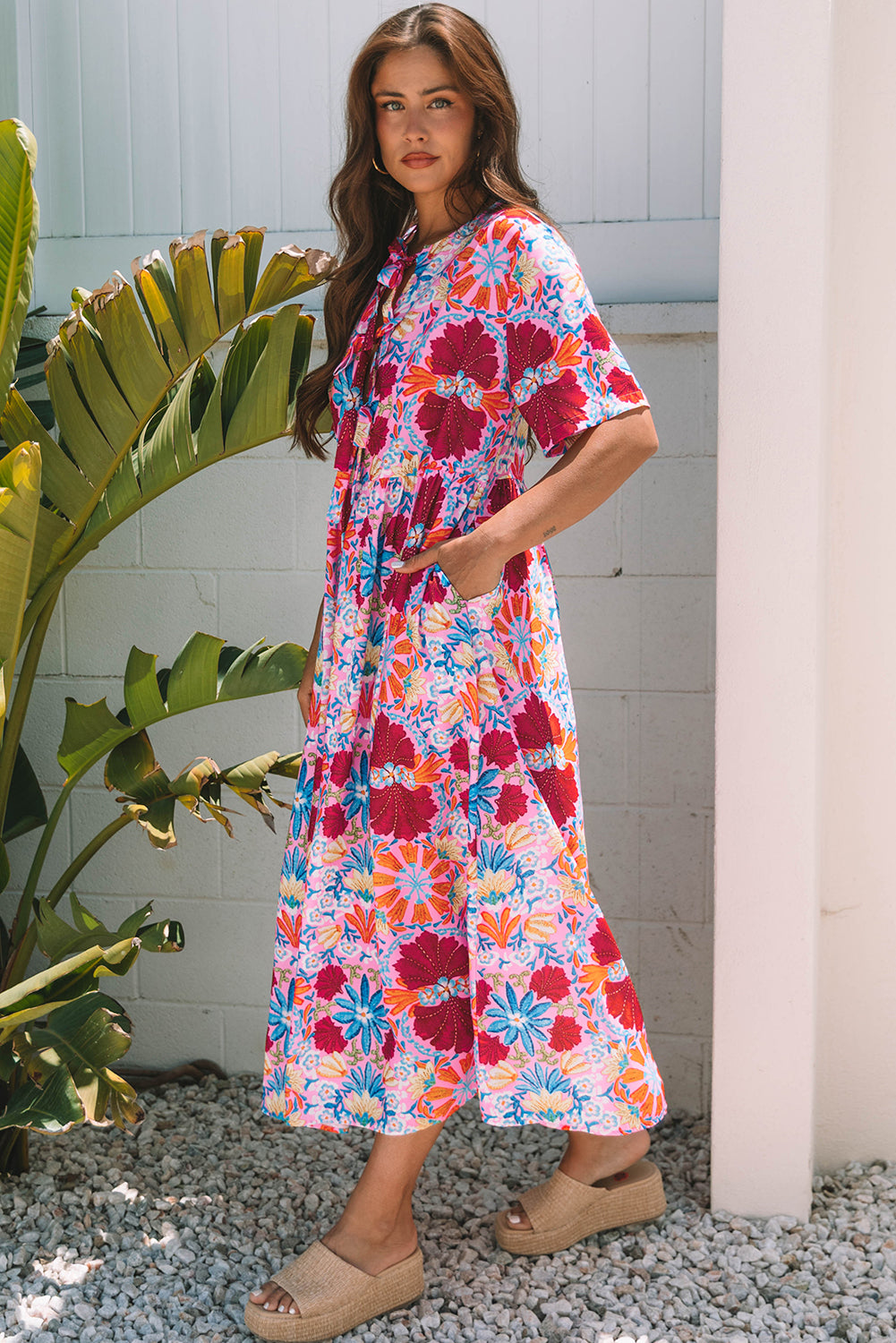 Rose Floral Tied Front High Waist Short Sleeve Loose Long Dress