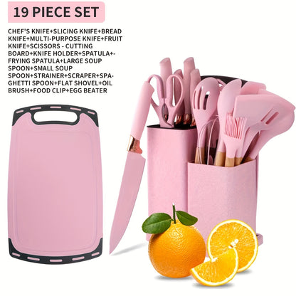 19-Piece Silicone Kitchen Utensil Set With Knife And Cutting Board, Storage Bucket, Set, Wooden Handles, Heat Resistant, Non-Stick Cooking Tools - Perfect Kitchen Gadgets For Easy Cooking And Cleaning, The Perfect Holiday Gif