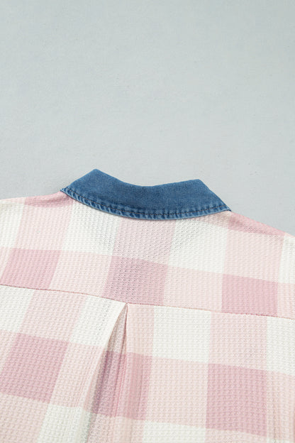 Pink Waffle Plaid Print Contrast Denim Shirt Collar Buttoned T Shirt Mini Dress