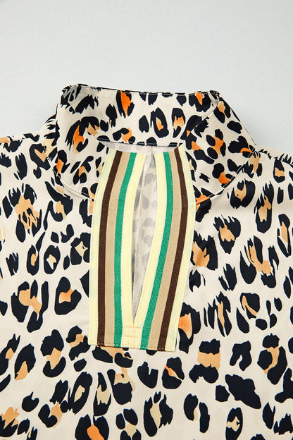 Khaki Leopard Color Block Contrast Striped V Neck Half Sleeve Loose Fit Blouse