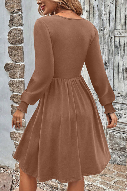 Dark Grey Shirred Cuff Long Sleeve Button Round Neck Mini Dress