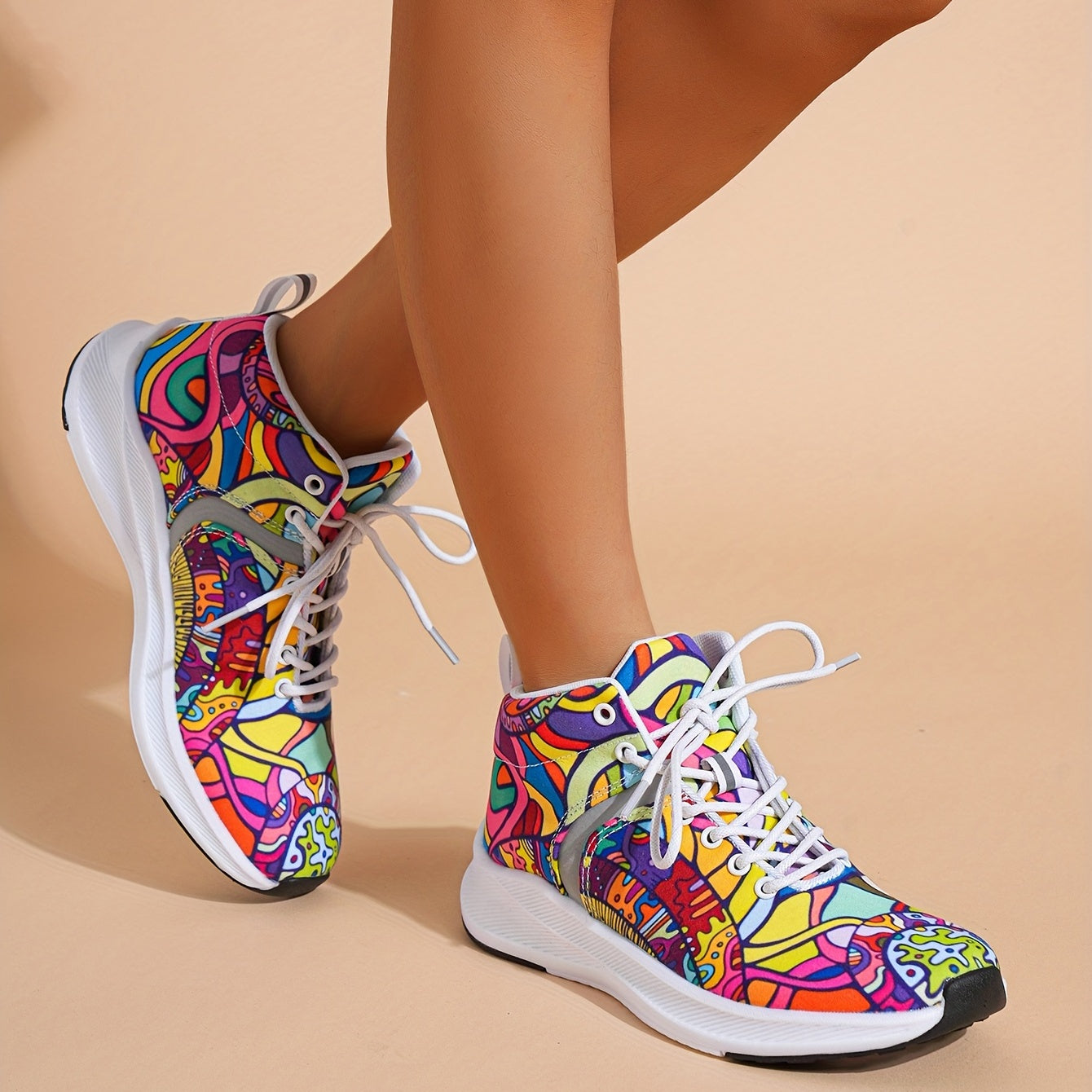 [Reflektierende Sneaker] Leichte, reflektierende Damen-Sneaker mit handbemaltem Cartoon-Print | Schnürschuhe für den Alltag mit weichem Obermaterial aus Stoff und EVA-/Gummisohle – perfekt für den Winter.