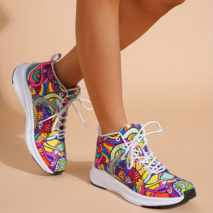 [Reflektierende Sneaker] Leichte, reflektierende Damen-Sneaker mit handbemaltem Cartoon-Print | Schnürschuhe für den Alltag mit weichem Obermaterial aus Stoff und EVA-/Gummisohle – perfekt für den Winter.