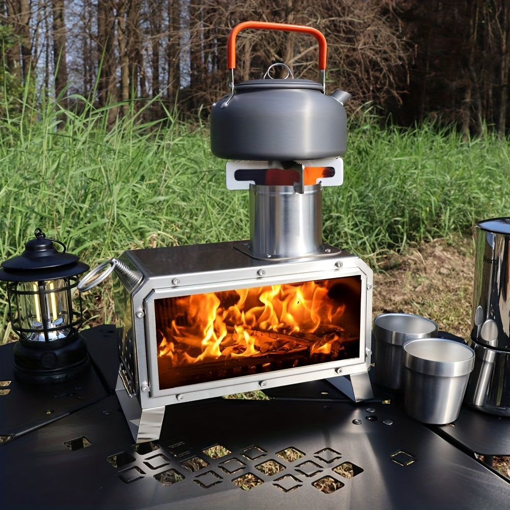 1pc Multi-functional Portable Stainless Steel Wood Stove, Lightweight Camping Cookware For Outdoor Picnic And Camping