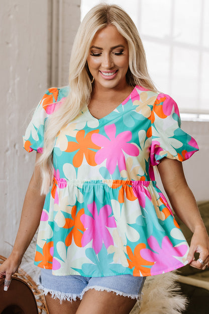 Pink Floral Print Bubble Sleeve V Neck Peplum Blouse
