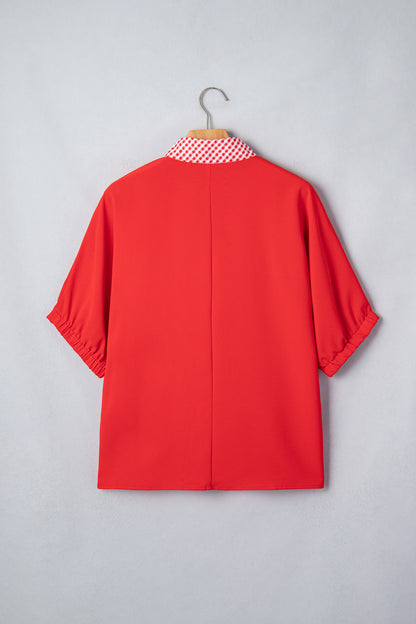 Red V Neck Plaid Collar Short Sleeve Tunic Blouse