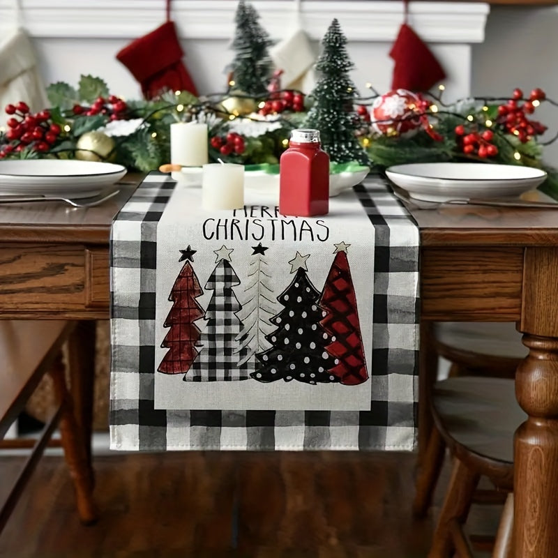 1pc Waterclor Buffalo Plaid Christmas Trees Merry Xmas Table Runner, Seasonal Winter Holiday Kitchen Dining Table Decoration for Indoor Outdoor Home Party Decor 13x48 Inch/13x72 Inch/13x108 Inch