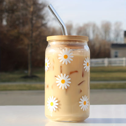 [Daisy Print Glass Tumbler] Reusable Floral Daisy Print Glass Tumbler with Lid and Straw - Hand Wash Only, Flower Theme Drinkware for Home Use, Ideal Halloween Gift