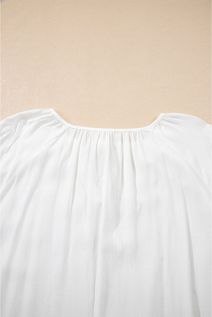 White Floral Embroidered Drawstring V Neck Blouse