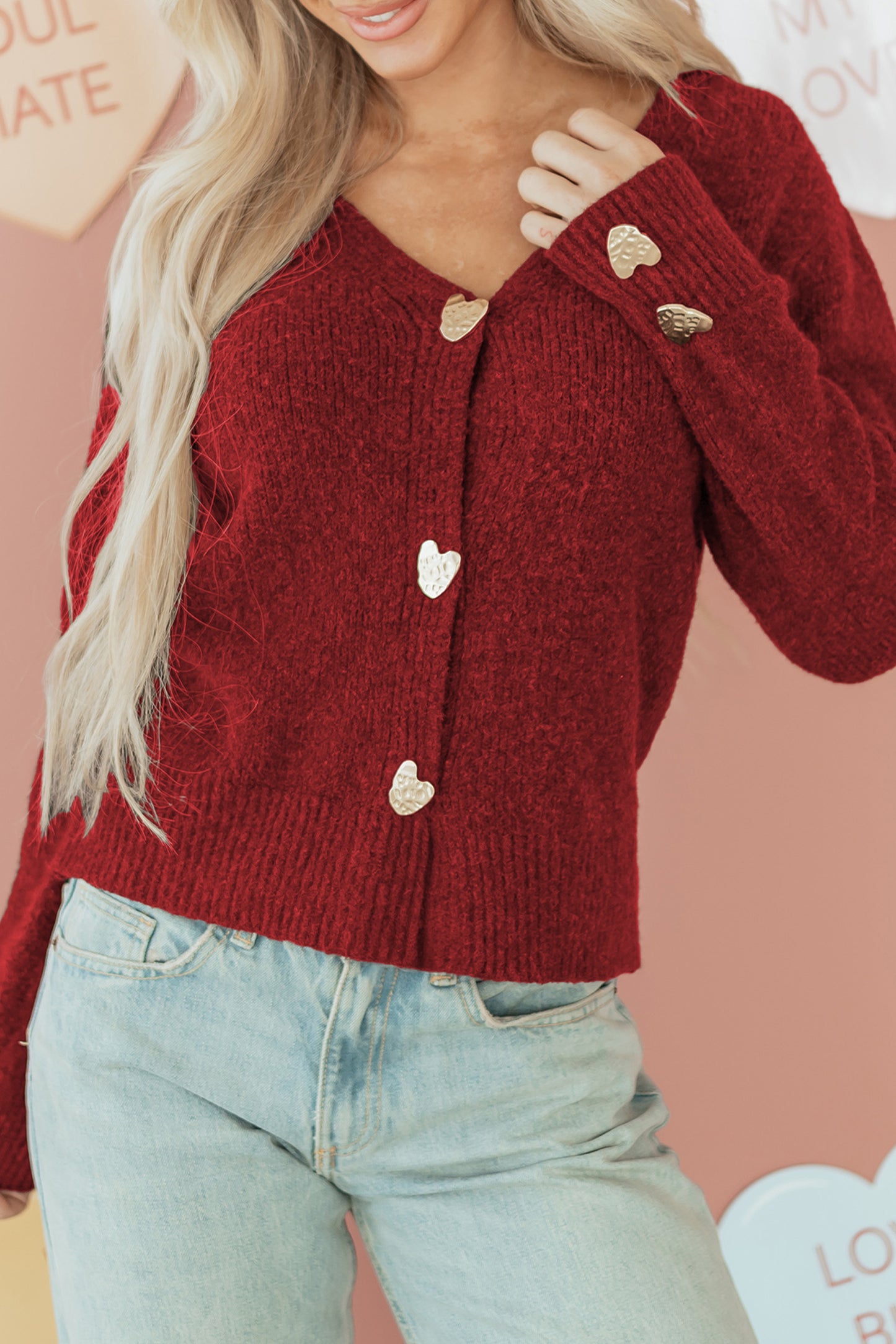 Chicory Coffee Heart Metal Button V Neck Cardigan Sweater