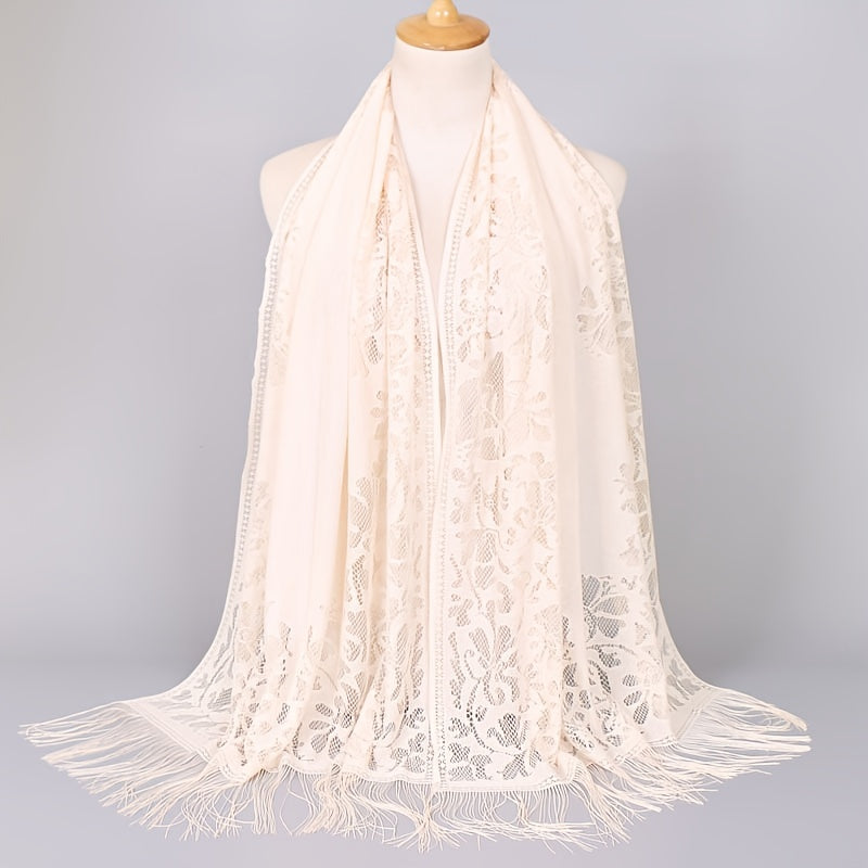 [Schal aus floraler Spitze mit Quasten] Damen-Schal aus floraler Spitze mit Quasten, weicher Netzstoff mit Fransen, Brautschal für Hochzeits- und Abendkleider