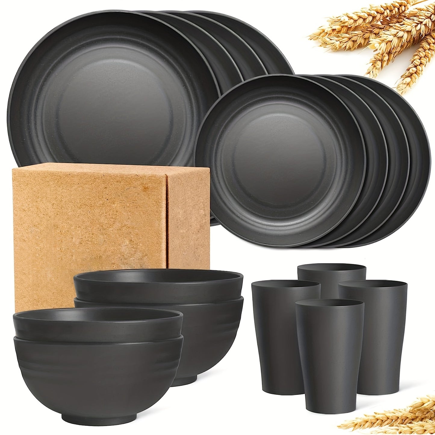 16pcs Unbreakable Wheat Straw Dinnerware Sets, Reusable Tableware Set, Lightweight Microwave Dishwasher Safe, Plates, Cups, Bowls For RV Camping Picnic Kitchen Dorm