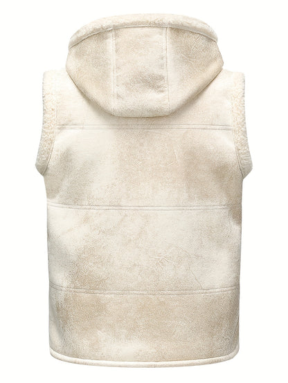 Men's Fleece-Lined Hooded Vest - Stylish Sleeveless Jacket with Zipper Pockets, Warm & Windproof for Casual Winter Wear, Olive Green, Daily Comfort Vest | Hooded Jacket | Functional Pockets