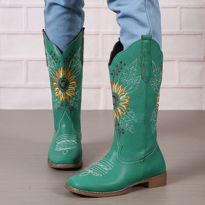 Bestickte Westernstiefel für Damen, mittelhoch, aus Kunstleder, Damenschuhe