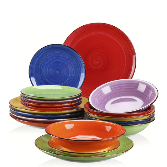 18pcs Dinnerware Set, Stoneware Hand Painted Tableware, Dining Plate Bowls Set, For Home Kitchen Restaurant Hotel, Kitchen Supplies, Tableware Accessories