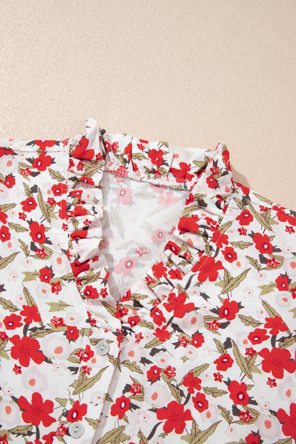 Red Floral Print Short Puff Sleeve Button Front Shirt