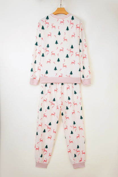 Pink Bow Christmas Tree Print Contrast Striped Banding 2pcs Lounge Set