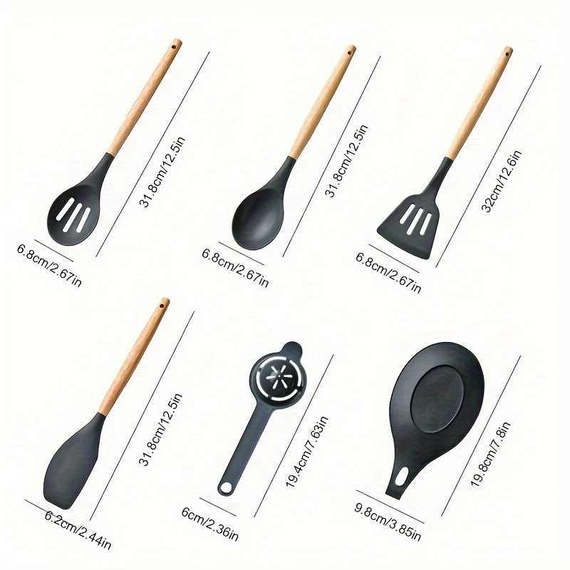 34pcs/set, Wooden Handle Silicone Kitchenware Set, Kitchen Baking Cooking Tools Set High Temperature Resistant Non-stick Pot Special Kitchenware, Kitchen Stuff Baking Supplies