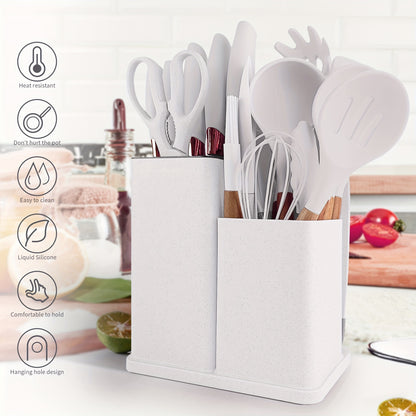 19-Piece Premium Heat-Resistant Silicone Kitchen Utensil Set With Wooden Handles, Chef Knifes, Non-Stick Friendly Cooking Tools, and Bamboo Storage Bucket