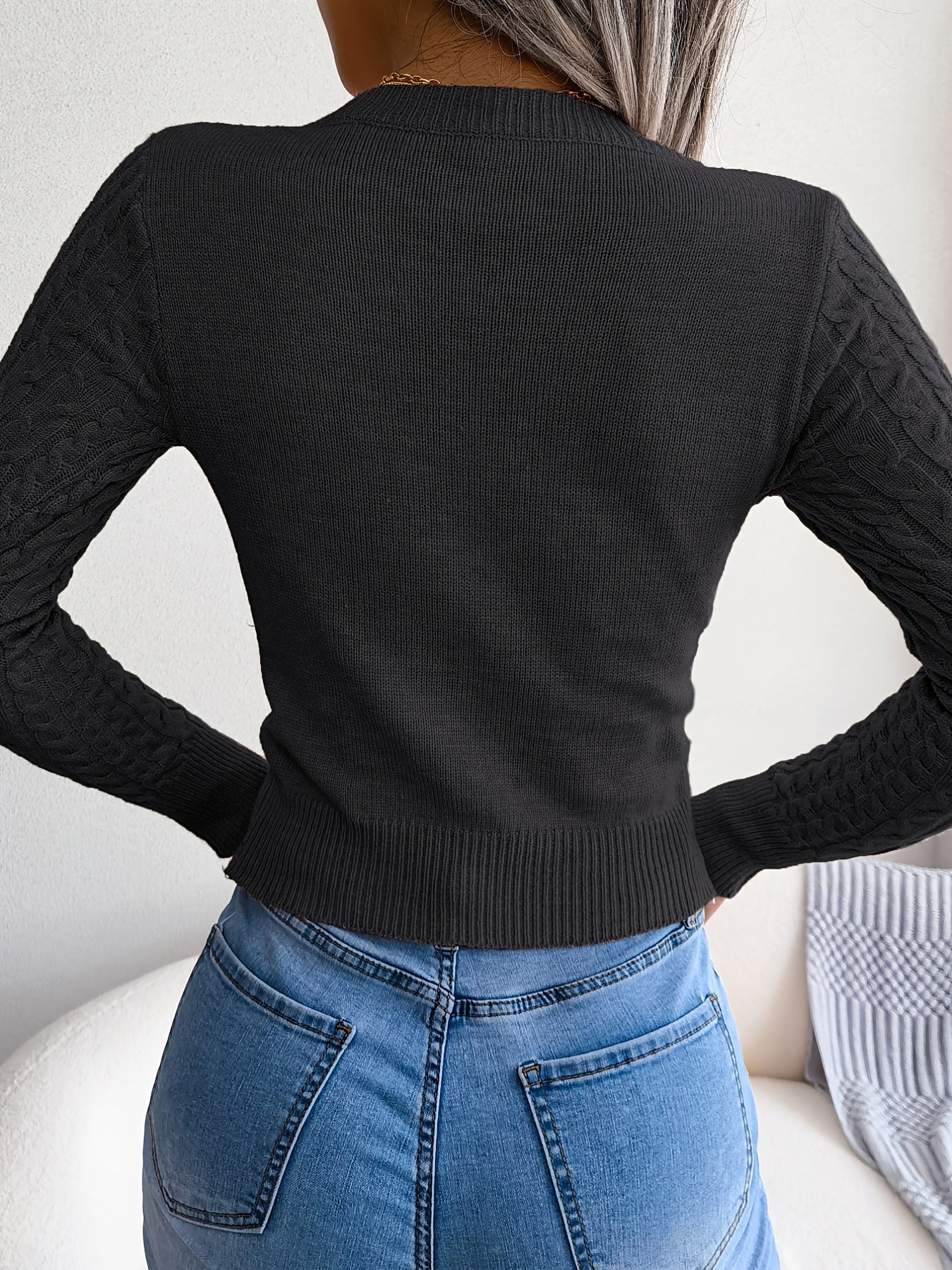 Damen-Langarmpullover mit Lochmuster | Hochelastisches Material, Rundhalsausschnitt, sexy, figurbetont, Herbst/Winter