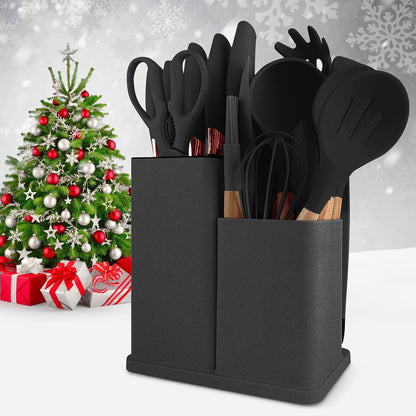 19-Piece Premium Heat-Resistant Silicone Kitchen Utensil Set With Wooden Handles, Chef Knifes, Non-Stick Friendly Cooking Tools, and Bamboo Storage Bucket
