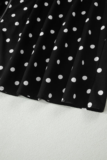 Black Polka Dot Print Contrast Trim V Neck Zip Up Sleeveless Dress