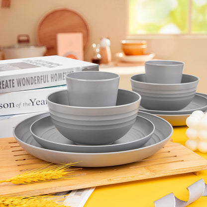 48pcs Gray Straw Dinnerware, Plates And Bowls Set, Camping Dish Set For 12, Plastic Dinnerware Set, Dishwasher Safe Gray Dinnerware Set, Unbreakable Plates, Camper Dish Sets, Reusable Tableware