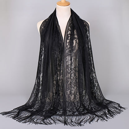 [Schal aus floraler Spitze mit Quasten] Damen-Schal aus floraler Spitze mit Quasten, weicher Netzstoff mit Fransen, Brautschal für Hochzeits- und Abendkleider