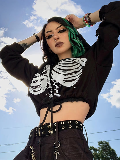 Gothic-Hoodie für Damen mit Totenkopf-Print, lässigem Kordelzug, kurzem Ärmel und langen Ärmeln