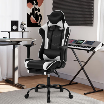 Ergonomic Office Gaming Chair, Video Game Chair with Footrest and Massage Lumbar Support, Ergonomic Computer Chair Height Adjustable with Swivel Seat and Headrest, White