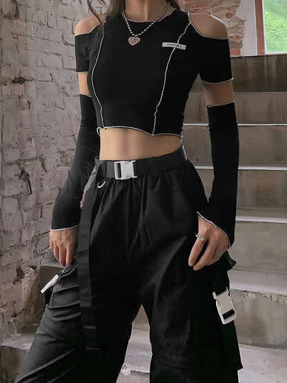 Off Shoulder Hollow Crew Neck T-shirt, Casual Loose Long Sleeve Fashion Summer Slim Bottoming T-Shirts Tops, Women's Clothing