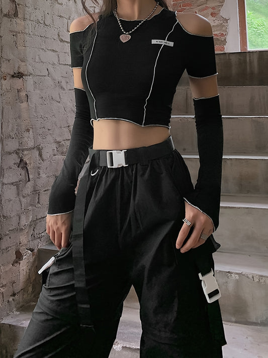 Schulterfreies T-Shirt mit Rundhalsausschnitt und Cut-Out-Details, lässiges, lockeres Langarm-Shirt, modisches Sommer-T-Shirt mit schmaler Passform, Damenbekleidung